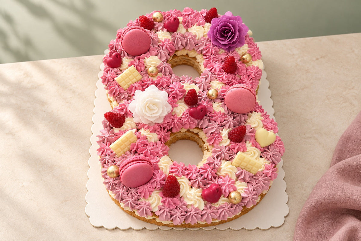 Mise en scène de notre number cake rose, framboises, macarons et roses
